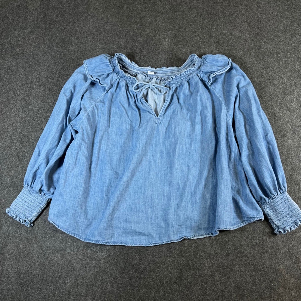 Old Navy Women 2X Blue Chambray Denim Ruffle Smocked Blouse Tie Neck Top Cottage